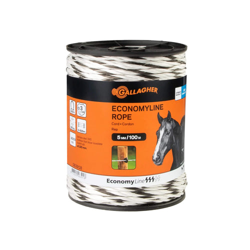 Gallagher EconomyLine Rope - Stainless Steel Wires - 5mm x 100m / 200m / 500m - White/Black