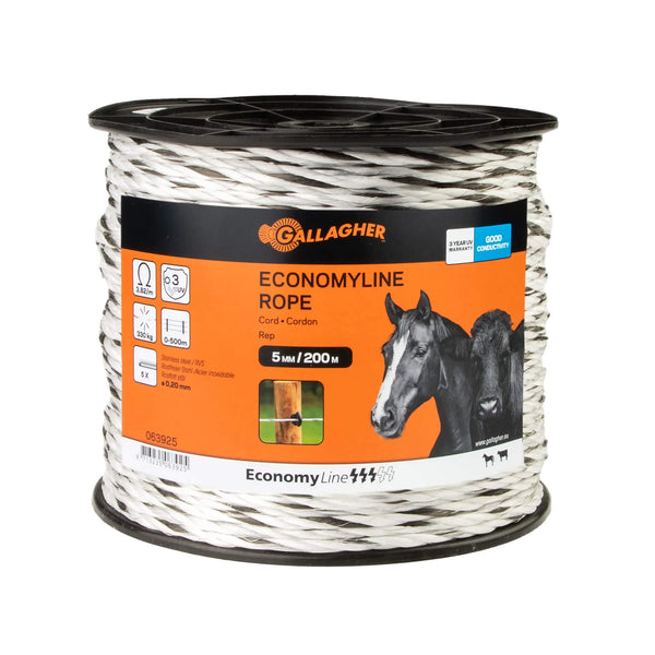 Gallagher EconomyLine Rope - Stainless Steel Wires - 5mm x 100m / 200m / 500m - White/Black