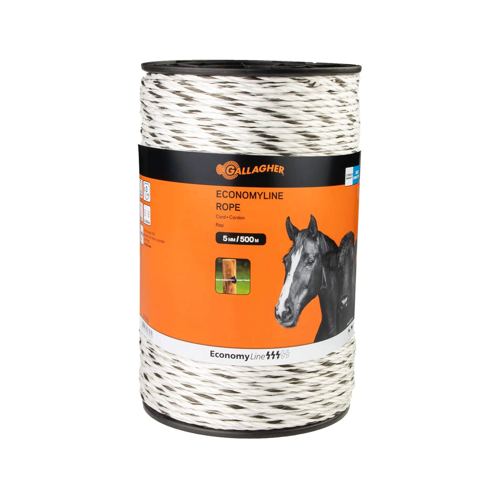 Gallagher EconomyLine Rope - Stainless Steel Wires - 5mm x 100m / 200m / 500m - White/Black
